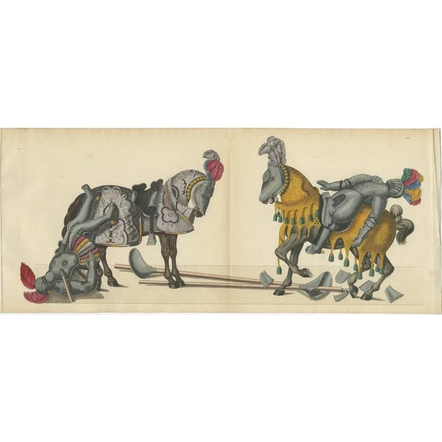 19th-Century Hand-Coloured Lithograph of Fallen Knights and Horses Post-Joust This original hand-coloured lithograph,...