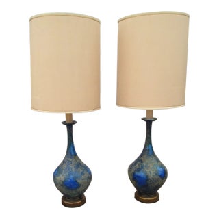 Mid 20th Century Helmut Bruchman Style Mid Century Modern Blue Glaze Ceramic Lamps - a Pair For Sale