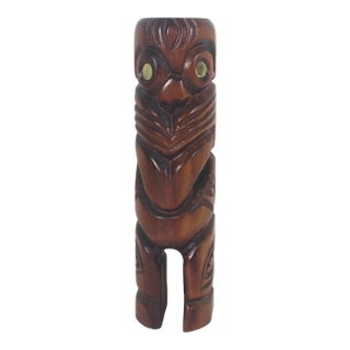 1970s Indigenous Maori Wood Folk Art Sculpture With Abalone For Sale
