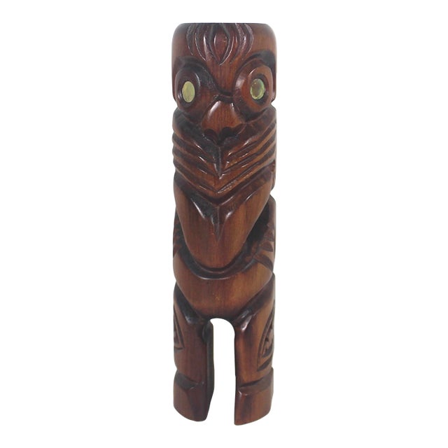 Vintage Indigenous Maori Wood Folk Art Sculpture With Abalone For Sale