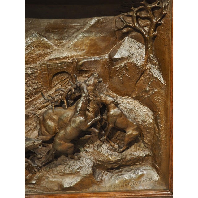 Wood Pair of Large Antique French Oak Framed Hunt Plaques, P. Lecourtier (1851-1925) For Sale - Image 7 of 18