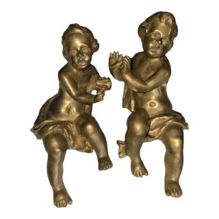 19thc French Antique Louis XV Large Heavy [11.5 Pounds] Cast Gilt Bronze Cherub Sculptures "Playing Patty Cake" a - Pair For Sale