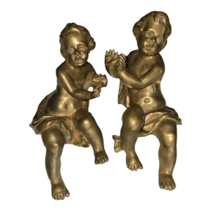 19thc French Antique Louis XV Large Heavy [11.5 Pounds] Cast Gilt Bronze Cherub Sculptures "Playing Patty Cake" a - Pair