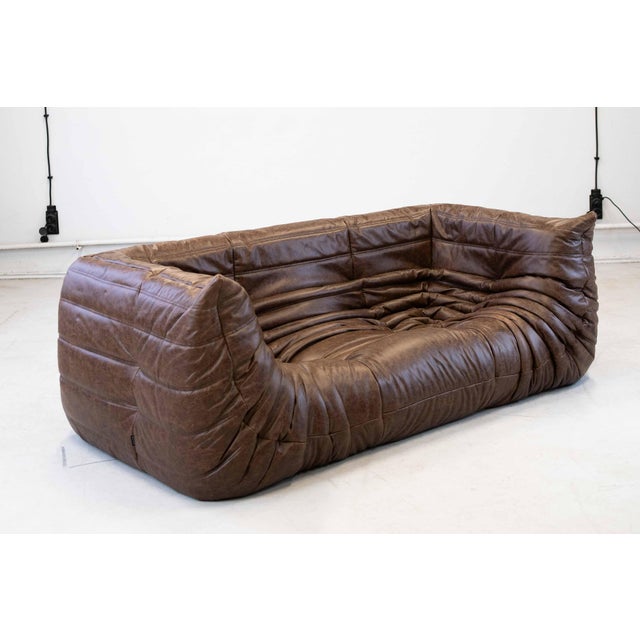 Vintage Two-Seater Togo Sofa with Arms in Brown Leather by Michel Ducaroy for Ligne Roset, 1970s For Sale - Image 3 of 18