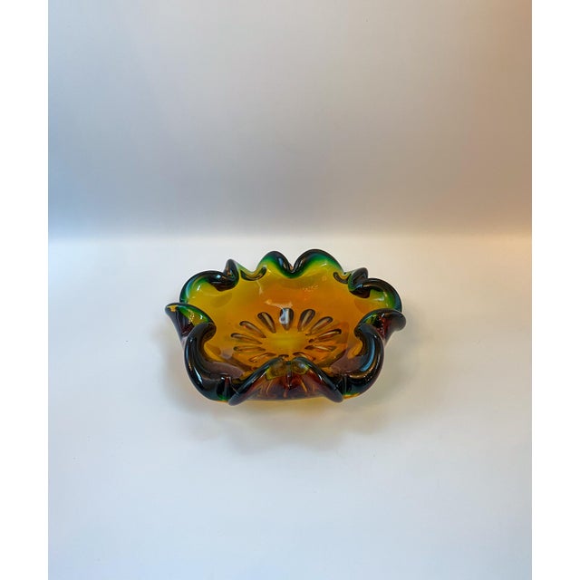 Gorgeous MCM Murano style glass ashtray/ bowl. Amber yellow in the center fades out to a band of lime green and then dark...
