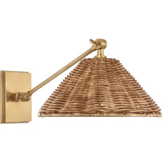 Marie Flanigan for Visual Comfort Signature Wimberley Single Library Wall Light in Soft Brass with Natural Wicker Shade For Sale