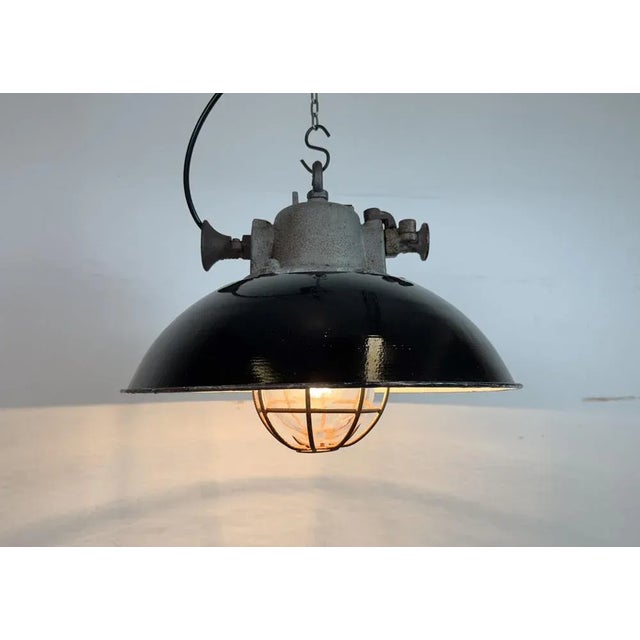 Industrial Black Enamel and Cast Iron Cage Pendant Light from Elektrosvit, 1960s For Sale - Image 13 of 15