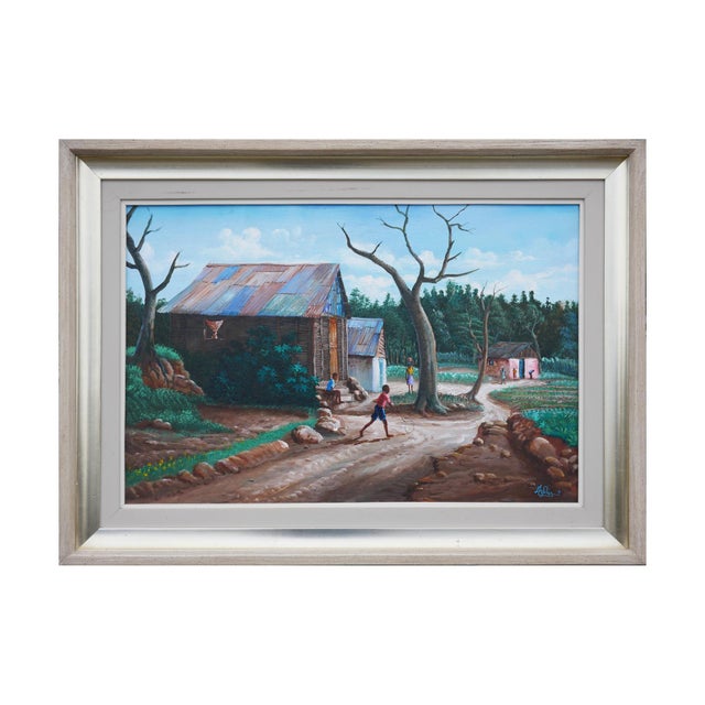 Late 20th Century Jean-Felix Defournoy Modern Green & Brown Rural Village Landscape Painting with Playing Children, Late 20th Century For Sale - Image 5 of 12