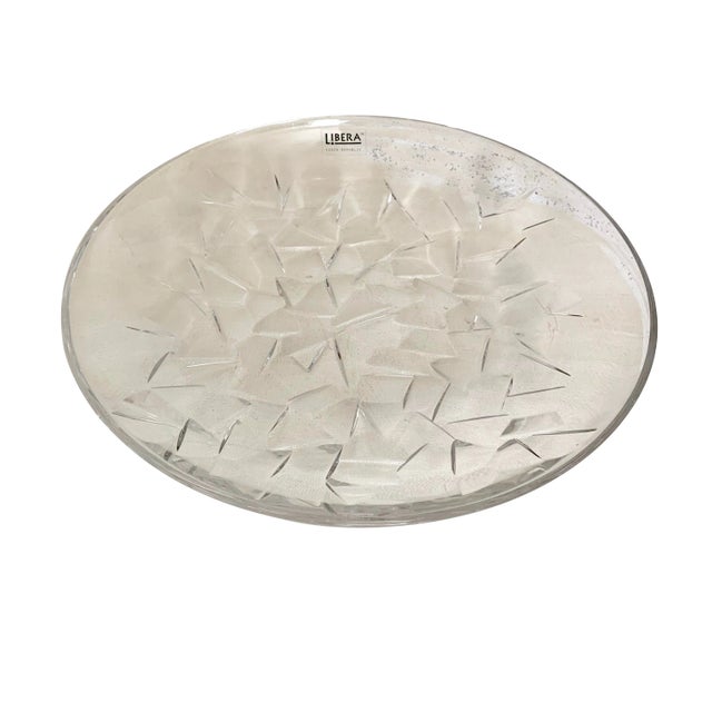 Clear Modern Contemporary Czech Crystal Centerpiece Flat Bowl With Crushed Design From Libera For Sale