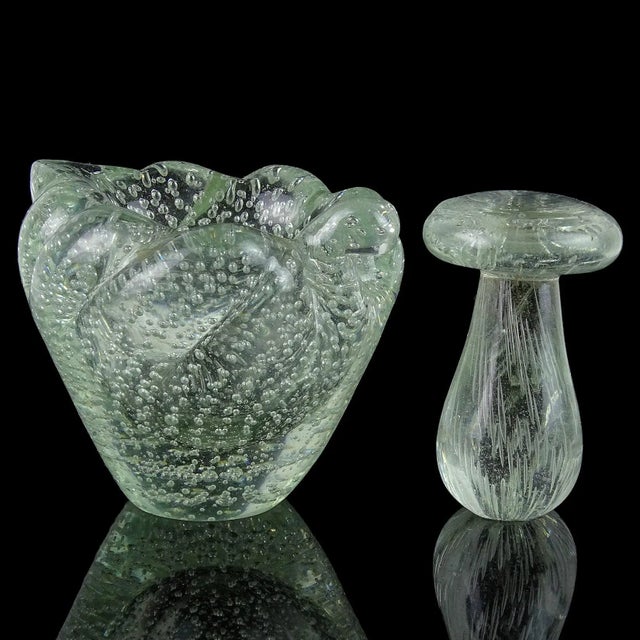 Murano Murano Leaf Shape Mortar and Pestel Ashtray Set Art Deco Clear Control Bubbles Italian Art Glass For Sale - Image 4 of 7