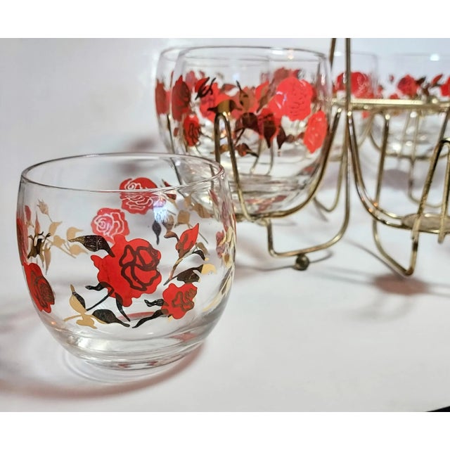 Mid-Century Modern Midcentury Gold & Red Rose Roly Poly Set With Gold & Walnut Carrier- Set of 9 For Sale - Image 3 of 7