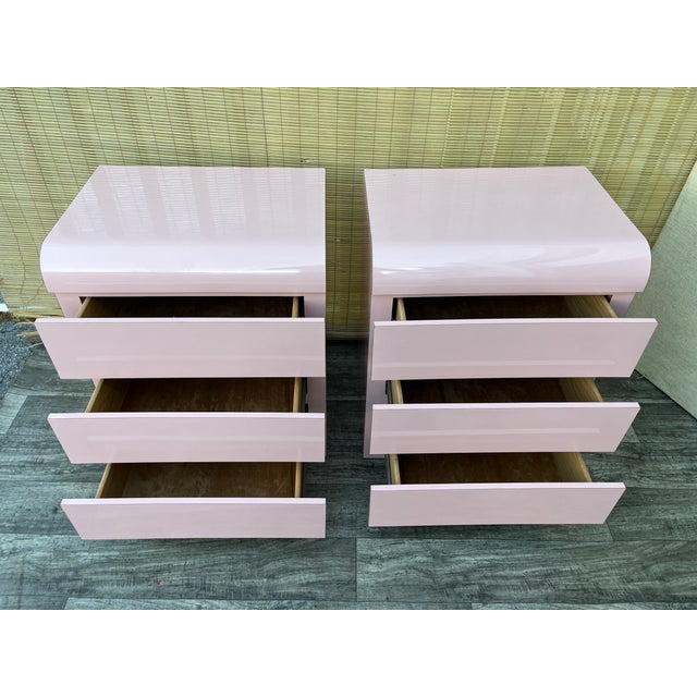 A Pair of Custom Made Postmodern Pink Waterfall Formica Nightstands. Circa 1980s For Sale - Image 15 of 18