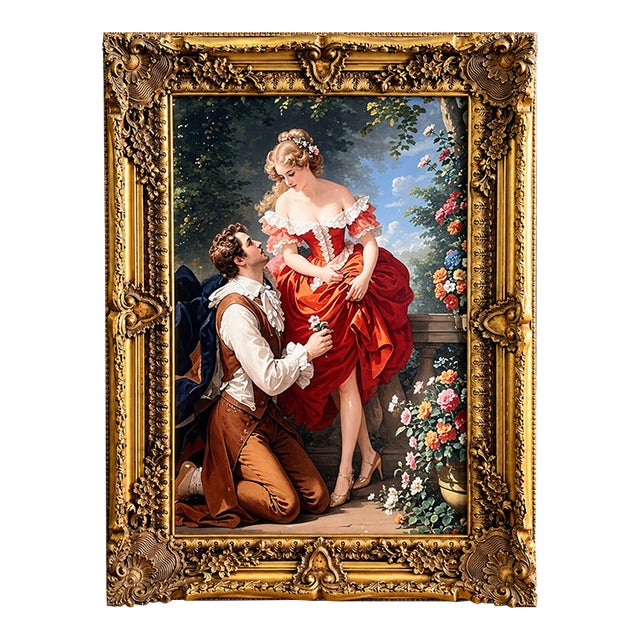 Romantic European Couple Portrait – Ornate Gold Leaf Wood Frame With Elegant Lovers in a Garden For Sale