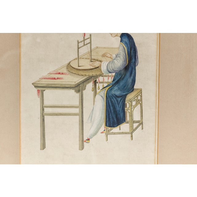 Woman in a Blue Dress Threading Silk Chinese Watercolor in Gilt Frame For Sale - Image 10 of 12