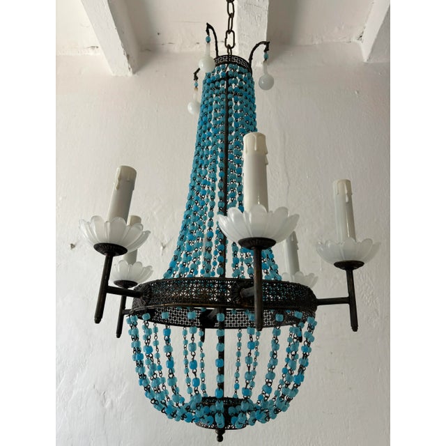 Metal Italian Empire White Murano Opaline Beads Blue Beaded Tole Chandelier, C 1900 For Sale - Image 7 of 10