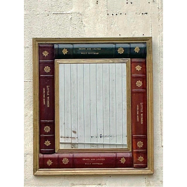 Vintage Regency Embossed Leather Books Mirror. Great piece for any book lover. Walt Whitman and Louisa May Alcott book...