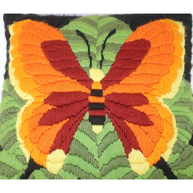 Butterfly Yarn Crewel Embroidery Needlework Pillow, 1970's For Sale In Atlanta - Image 6 of 8