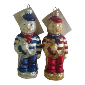 Vintage Pair of Patricia Breen Marseilles Cat Blue and Red Silver Nautical Tree Ornament