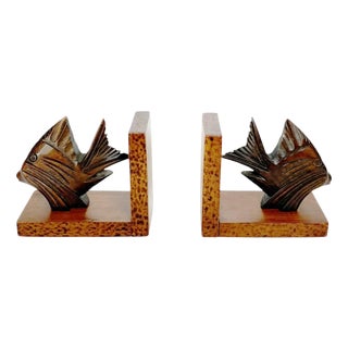 Wooden Bookends with Fish Decoration, France, 1960s, Set of 2 For Sale