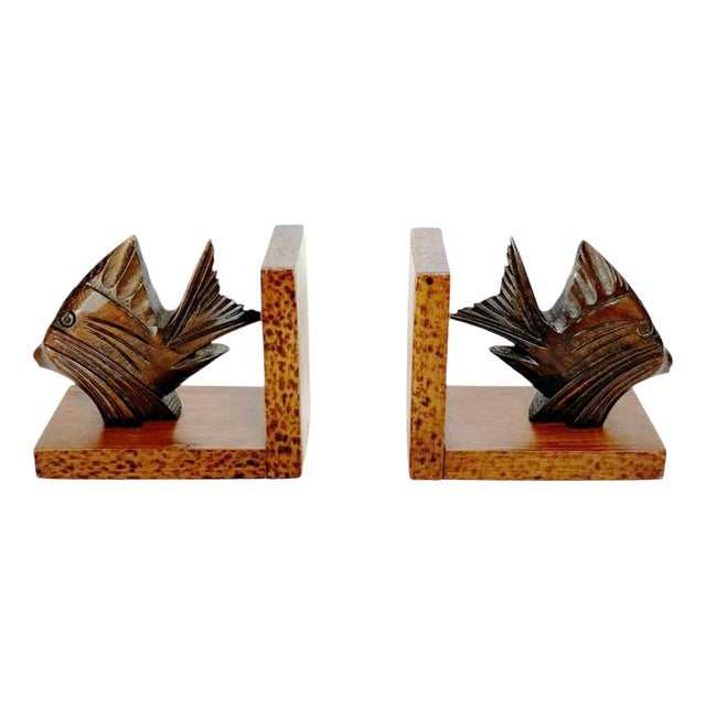 Wooden Bookends with Fish Decoration, France, 1960s, Set of 2 For Sale