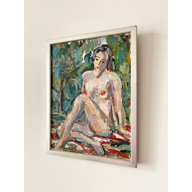 Green Petite French Nude en Plein Aire, Vintage Oil on Canvas, Framed For Sale - Image 8 of 11