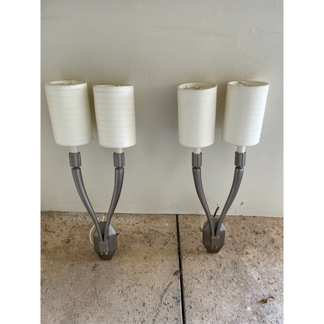 Silver Metal Crafts Inc. Double Arm Sconces in Satin Nickel - a Pair For Sale - Image 8 of 12