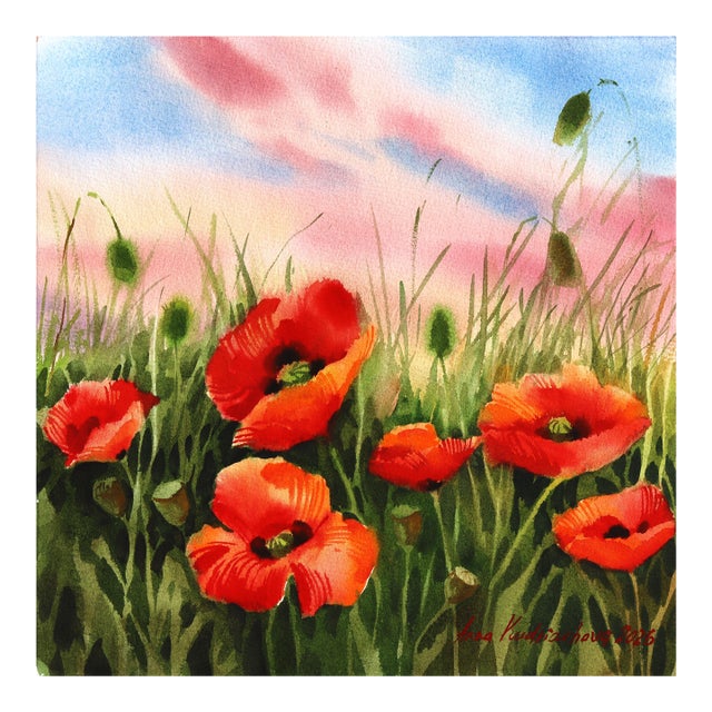 Poppies 2 - Original Botanical Floral Watercolor Painting on Paper For Sale