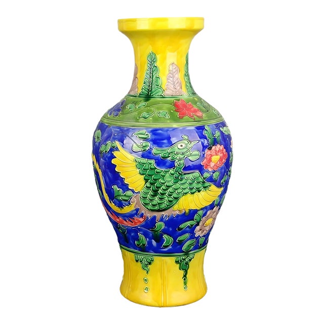 Chinese Vintage Ceramic Vase,Ming Dynasty Yongle Marked Yellow Ground Famille Verte Porcelain Fish Tail Vase With Dragon Phoenix Relief For Sale