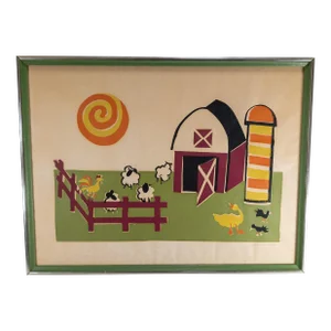 Mid-Century Pop Art Colorful Serigraph Silk Screen of Farmyard Signed