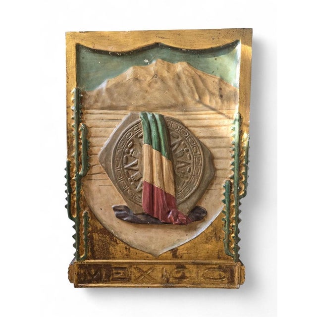 Beige Early 20th Century Commemorative Panel on Mexico Carved, Gilded, and Polychrom, 1920 For Sale - Image 8 of 16