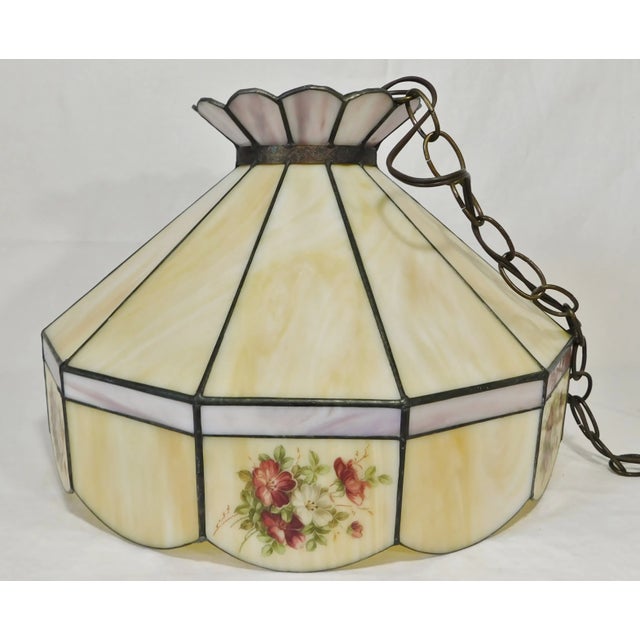 Mid-Century Modern Vintage C1970s Signed Yellow Caramel & Purple Lilac Swirl Slag Glass Floral Pendant Light Chandelier For Sale - Image 3 of 12