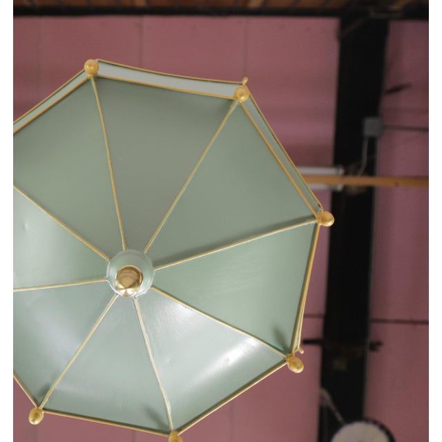 Vintage Tole Umbrella-Shaped Metal Chandelier — Sage Green and Gold Leaf For Sale - Image 9 of 12