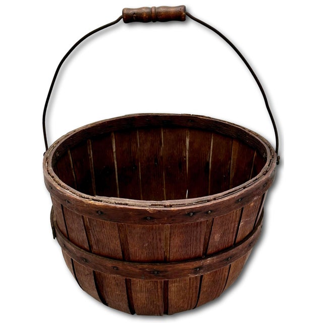 Great Antique American Hand Made Steam Bent Oak Maine Apple Farm Gathering Basket With Excellent Patina For Sale - Image 14 of 18