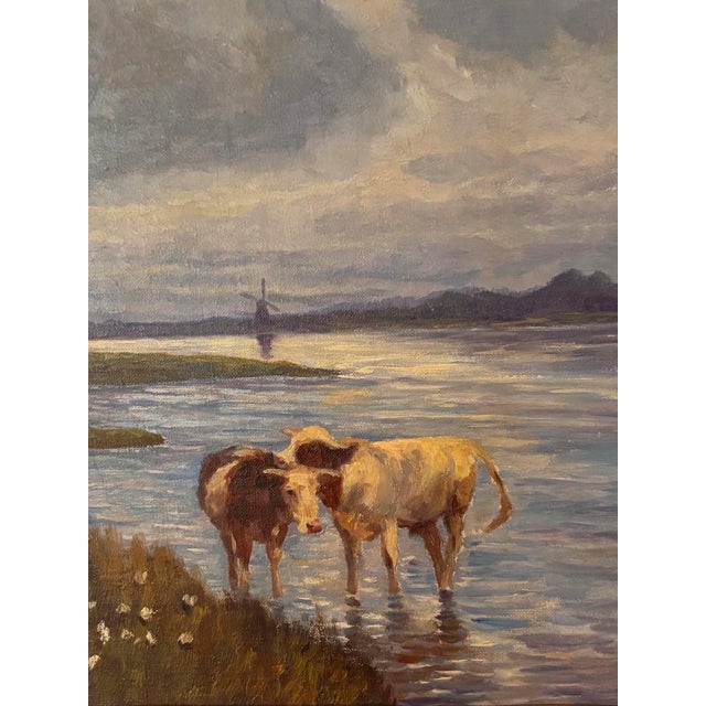 1920s Pastoral Landscape with Cows by the Water, 20th Century, Oil on Canvas For Sale - Image 5 of 9