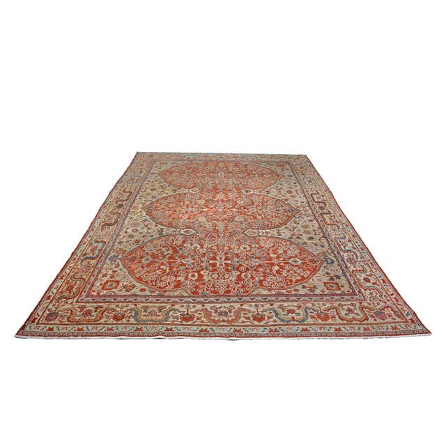 Condition: Antique Circa: 1900s Origin: Persia Design: Sultanabad Actual Size: 9'2" x 12'2" Colors: Rust, Taupe, Blue,,...