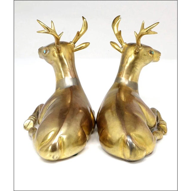 Metal 1940s Gilt Bronze Deer Figures With Turquoise Eyes - Set of Two For Sale - Image 7 of 9