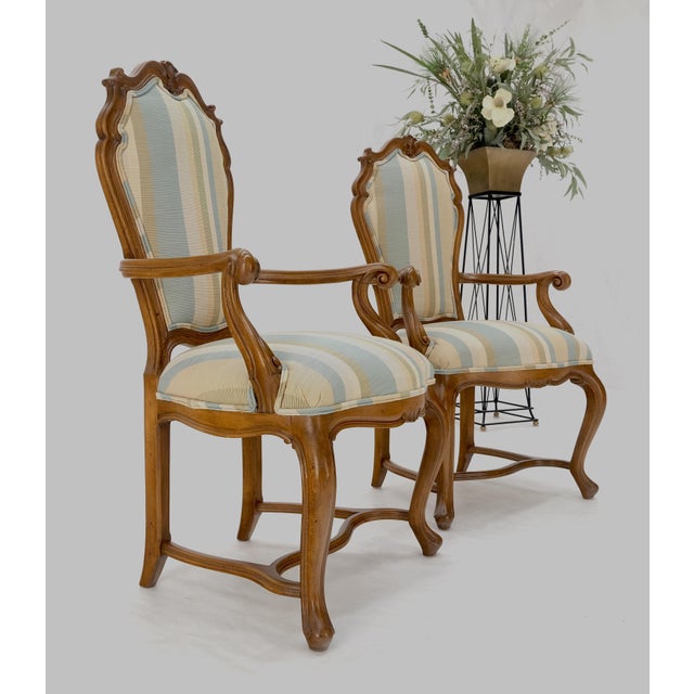 Pair Carved Striped Upholstery Tall Backs Carved Walnut Scallop Design Decorated For Sale - Image 16 of 17