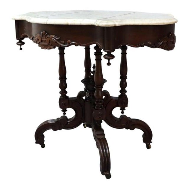 Renaissance Revival Carved Walnut & Marble Turtle Top Table C1890 For Sale - Image 4 of 14