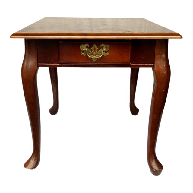 Vintage MCM Mahogany Wood Queen Anne Style End Table With Drawer For Sale