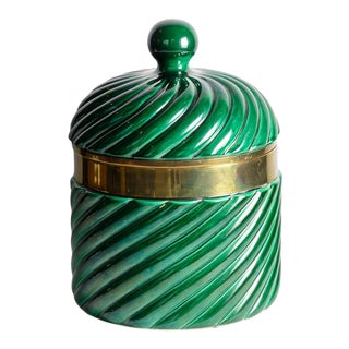 Italian C.1960 Tomasso Barbi Emerald Green Ceramic & Brass Ice Bucket For Sale