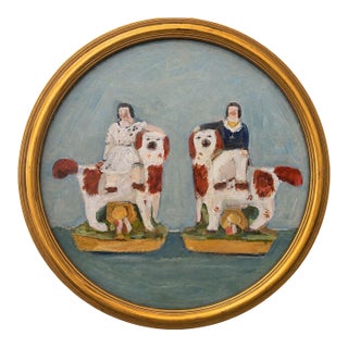 “Staffordshire Couple With Dogs ” an Original Round 16” Gold Framed Painting by Michelle Heimann. For Sale