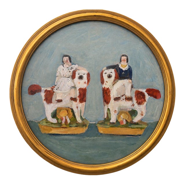 “Staffordshire Couple With Dogs ” an Original Round 16” Gold Framed Painting by Michelle Heimann. For Sale