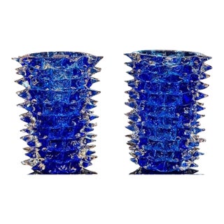 Pair of Royal Blue Murano Glass Vases in Rostrada Glass For Sale