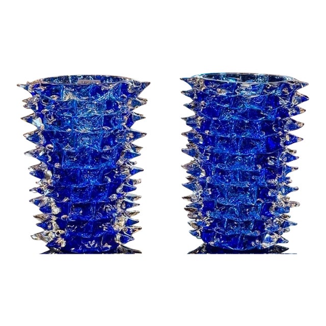 Pair of Royal Blue Murano Glass Vases in Rostrada Glass For Sale