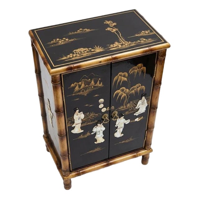 Vintage Black Lacquer & Faux Bamboo Chinoiserie Narrow Accent Cabinet With Mother-of-Pearl Inlay For Sale