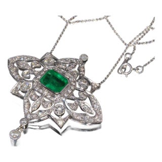 Vintage Art Deco GIA Natural 6.91Cts VS F Diamond Emerald 18K Solid Gold 950 Platinum Pendant Necklace For Sale