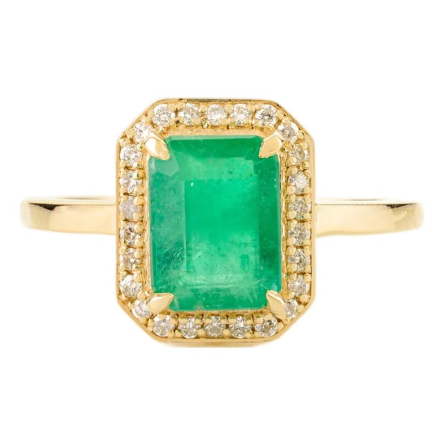 Art Deco Green Emerald and Diamond 14k Gold Ring Size 6 For Sale