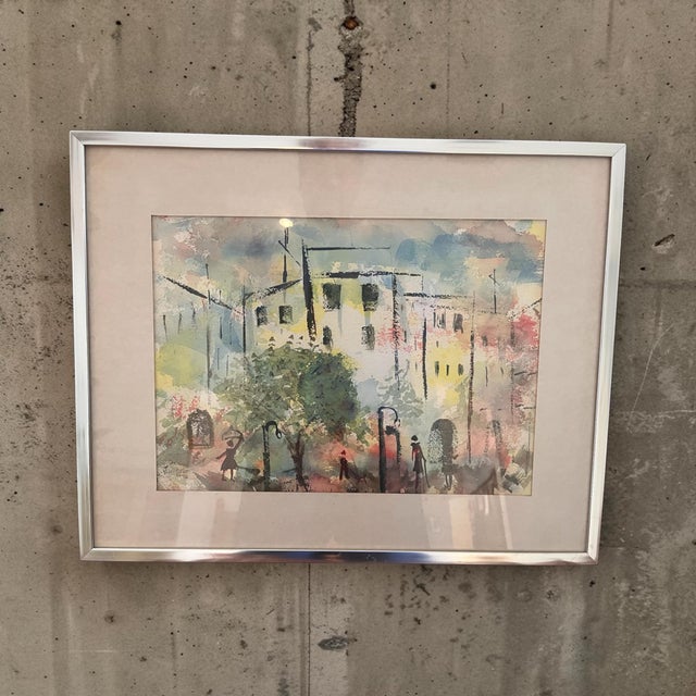 Mediterranean Pearl Gordon 1982 Signed Original Modernist Watercolor Cityscape For Sale - Image 3 of 6