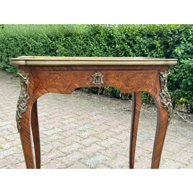 French 1860 French Artisan Louis XV Brown Marquetry Center Table-1 Pc For Sale - Image 3 of 17