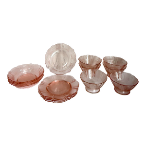 1930's Pink Depression Etched Scalloped Glass Plates and Bowls – Set of 15 Pieces